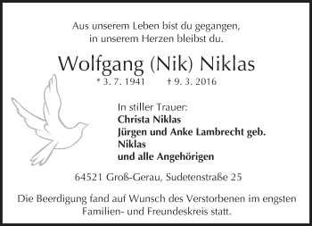 Traueranzeige von Wolfgang  Niklas von trauer.echo-online.de
