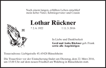 Traueranzeige von Lothar Rückner von trauer.echo-online.de Traueranzeige von Lothar Rückner von trauer.echo-online.de