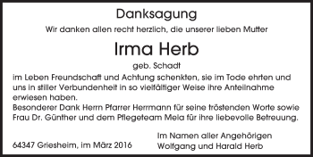 Traueranzeige von Irma Herb von trauer.echo-online.de