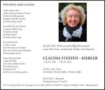 Traueranzeige von Claudia Steffen-Kiebler von trauer.echo-online.de