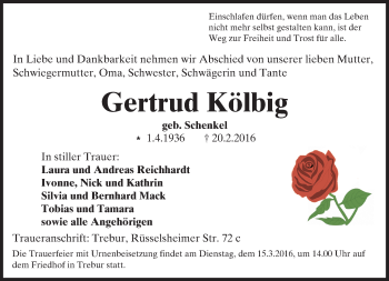 Traueranzeige von Gertrud Kölbig von trauer.echo-online.de