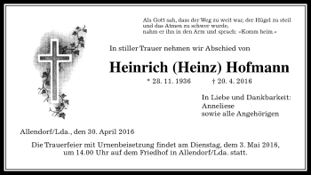 Traueranzeige von Heinrich  Hofmann von  Gießener Anzeiger