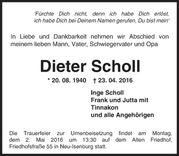 Traueranzeige von Dieter Scholl von Trauerportal Echo Online
