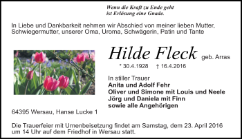 Traueranzeige von Hilde Fleck von trauer.echo-online.de