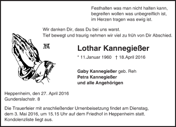 Traueranzeige von Lothar Kannegießer von Trauerportal Echo Online
