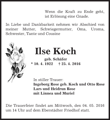 Traueranzeige von Ilse Koch von Trauerportal Echo Online
