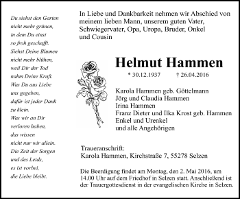 Traueranzeige von Helmut Hammen von  Allgemeine Zeitung Alzey