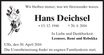 Traueranzeige von Hans Deichsel von  Kreisanzeiger