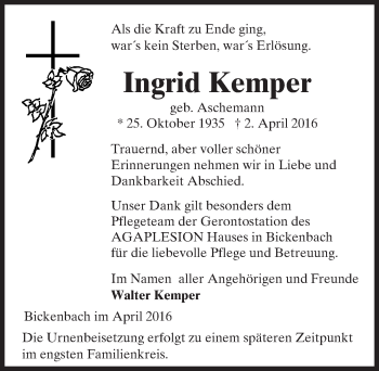 Traueranzeige von Ingrid Kemper von trauer.echo-online.de