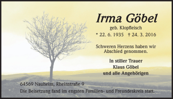 Traueranzeige von Irma Göbel von trauer.echo-online.de
