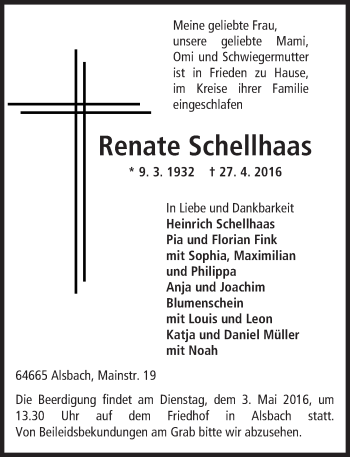 Traueranzeige von Renate Schellhaas von Trauerportal Echo Online