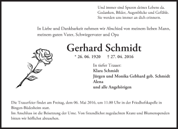 Traueranzeige von Gerhard Schmidt von  Allgemeine  Zeitung Ingelheim-Bingen