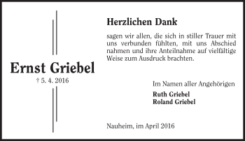 Traueranzeige von Ernst Griebel von Trauerportal Echo Online