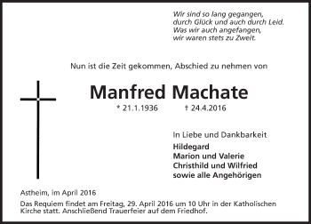 Traueranzeige von Manfred Machate von Trauerportal Echo Online