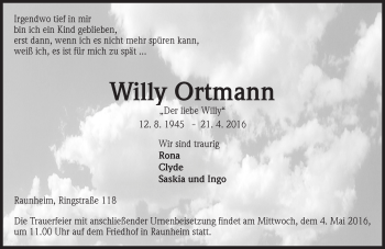 Traueranzeige von Willy Ortmann von  Mainspitze