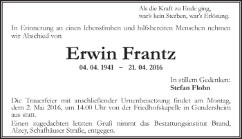 Traueranzeige von Erwin Frantz von  Allgemeine Zeitung Alzey