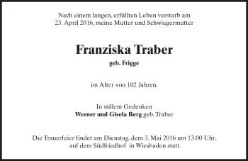 Traueranzeige von Franziska Traber von  Wiesbaden komplett