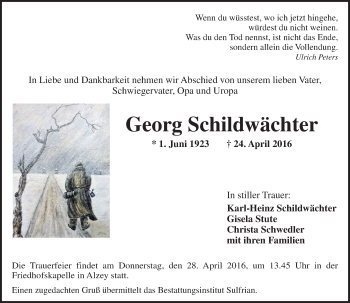 Traueranzeige von Georg Schildwächter von  Allgemeine Zeitung Alzey