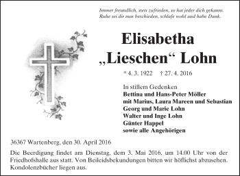 Traueranzeige von Elisabetha Lohn von VRM Trauer