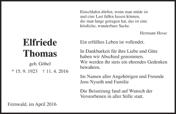 Traueranzeige von Elfriede Thomas von  Gießener Anzeiger
