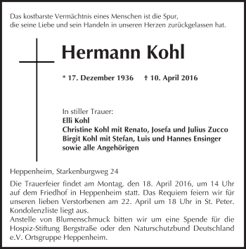 Traueranzeige von Hermann Kohl von trauer.echo-online.de