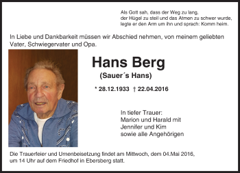 Traueranzeige von Hans Berg von Trauerportal Echo Online