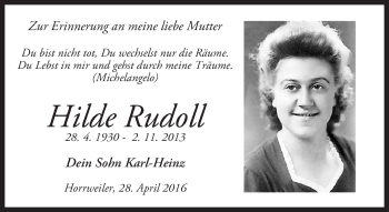 Traueranzeige von Hilde Rudoll von  Allgemeine  Zeitung Ingelheim-Bingen