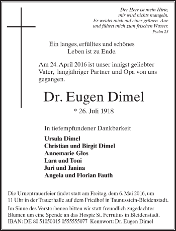 Traueranzeige von Eugen Dimel von  Wiesbaden komplett