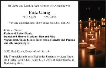 Traueranzeige von Fritz Uhrig von trauer.echo-online.de