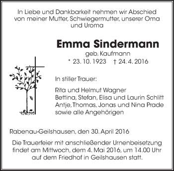 Traueranzeige von Emma Sindermann von  Gießener Anzeiger