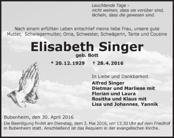 Traueranzeige von Elisabeth Singer von  Allgemeine  Zeitung Ingelheim-Bingen