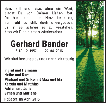 Traueranzeige von Gerhard Bender von Trauerportal Echo Online