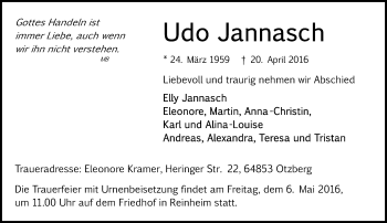Traueranzeige von Udo Jannasch von Trauerportal Echo Online