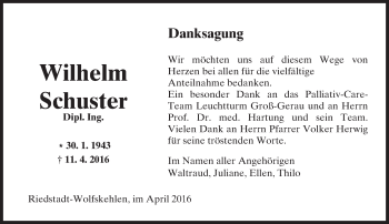 Traueranzeige von Wilhelm Schuster von Trauerportal Echo Online