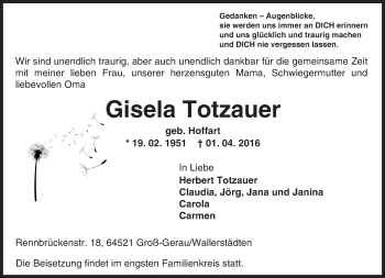Traueranzeige von Gisela Totzauer von trauer.echo-online.de