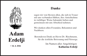 Traueranzeige von Adam Erdelji von  Hochheimer Zeitung