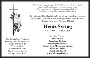 Traueranzeige von Heinz Syring von  Kreisanzeiger