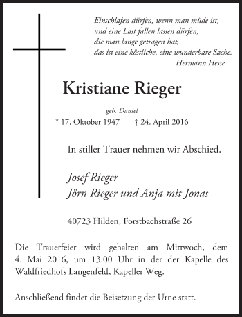 Traueranzeige von Kristiane Rieger von  Allgemeine Zeitung Mainz