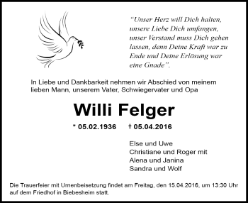 Traueranzeige von Willi Felger von trauer.echo-online.de