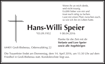 Traueranzeige von Hans-Willi Speier von trauer.echo-online.de
