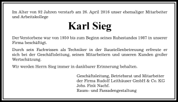 Traueranzeige von Karl Sieg von  Gießener Anzeiger