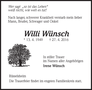 Traueranzeige von Willi Wünsch von  Mainspitze Traueranzeige von Willi Wünsch von  Mainspitze