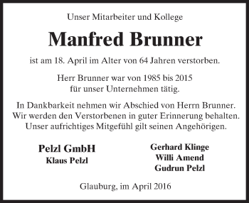 Traueranzeige von Manfred Brunner von  Kreisanzeiger