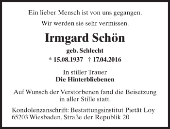 Traueranzeige von Irmgard Schön von  Wiesbaden komplett