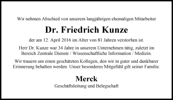 Traueranzeige von Friedrich Kunze von Trauerportal Echo Online