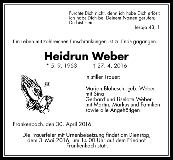 Traueranzeige von Heidrun Weber von  Gießener Anzeiger