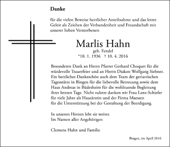Traueranzeige von Marlis Hahn von  Allgemeine  Zeitung Ingelheim-Bingen