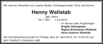 Traueranzeige von Henny Wallstab von trauer.echo-online.de