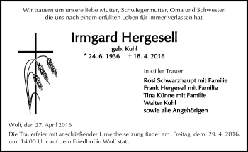 Traueranzeige von Irmgard Hergesell von  Kreisanzeiger