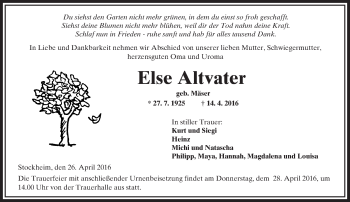 Traueranzeige von Else Altvater von  Kreisanzeiger